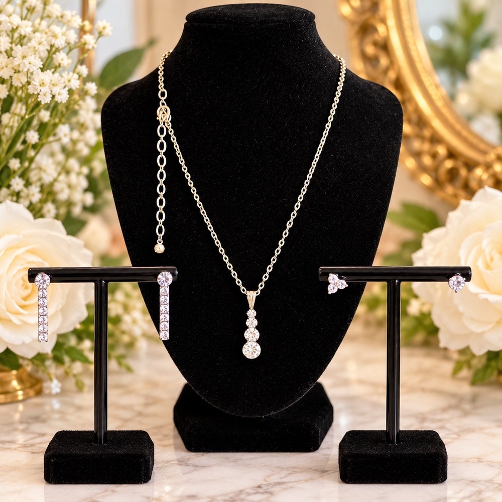 Silver Tone Cubic Zirconia Necklace and Earring Set Bridal Formal 3 Pairs
